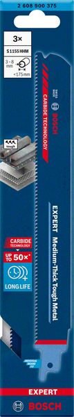 Bosch Professional Expert 'Medium-Thick Tough Metal' S 1155 HHM Säbelsägeblatt, 3 Stück (2608900375)