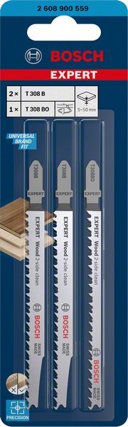 Bosch Professional Expert 'Wood 2-side clean' Stichsägeblatt-Set, 3-tlg., T308B/BO (2608900559)