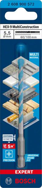 Bosch Professional Expert HEX-9 MultiConstruction Bohrer, 5,5 x 60 x 100 mm (2608900572)