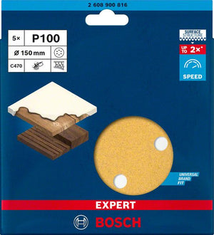 Bosch Professional Expert C470 Schleifpapier mit 6 Löchern für Exzenterschleifer, 150 mm, G 100, 5-tlg. (2608900816)