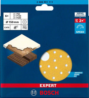 Bosch Professional Expert C470 Schleifpapier-Set für Exzenterschleifer, 150 mm, Mehrloch, G 60/120/240, 6-tlg. (2608901111)